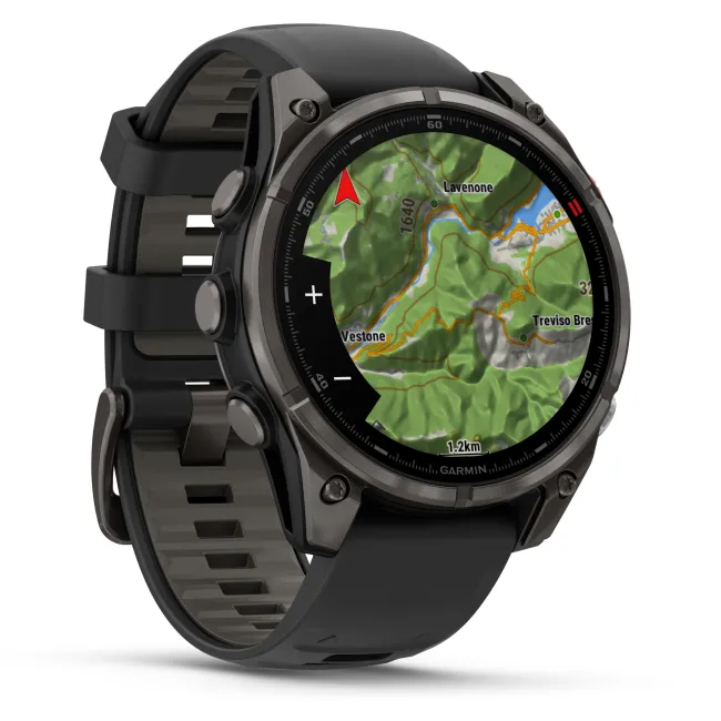 Garmin - fenix 8 Pro 47mm - smartwatch premium AMOLED Sapphire - ramă gri din titanium DLC si curea din silicon neagră-gri