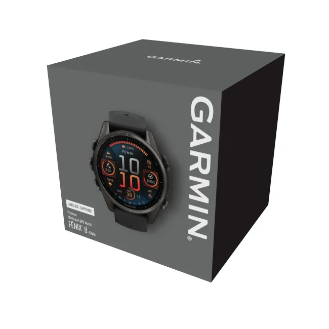 Garmin - fenix 8s AMOLED Sapphire 43mm - smartwatch premium AMOLED - ramă gri din titanium DLC si curea din silicon neagră-gri