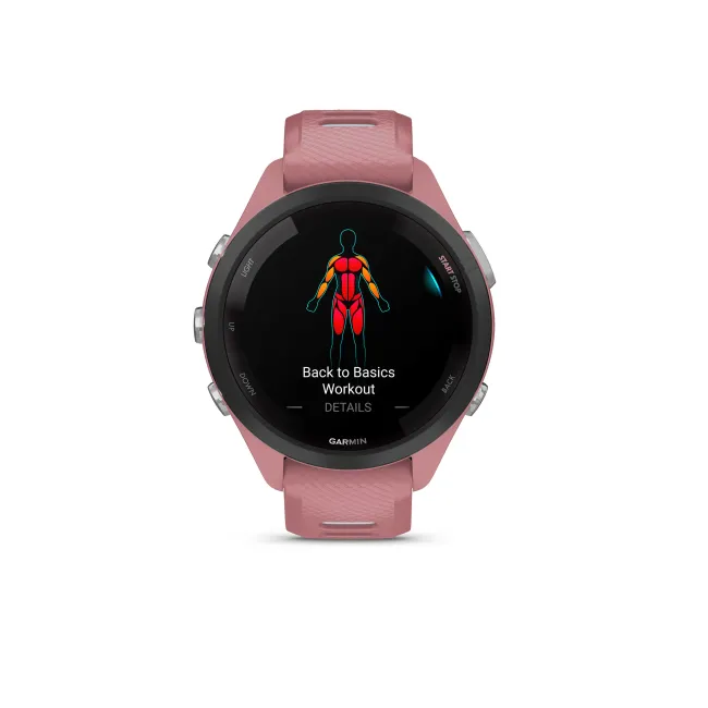 Garmin - Forerunner 265s ceas multisport cu GPS AMOLED - Ramă neagră cu carcasă roz deschis şi curea din silicon roz deschis/gri pudră