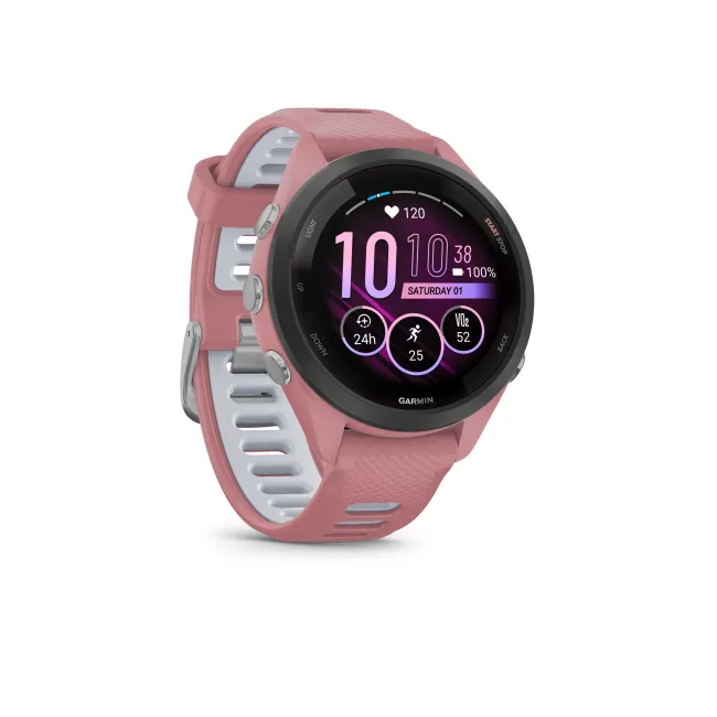 Garmin - Forerunner 265s ceas multisport cu GPS AMOLED - Ramă neagră cu carcasă roz deschis şi curea din silicon roz deschis/gri pudră