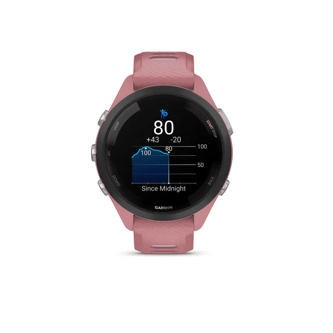 Garmin - Forerunner 265s ceas multisport cu GPS AMOLED - Ramă neagră cu carcasă roz deschis şi curea din silicon roz deschis/gri pudră