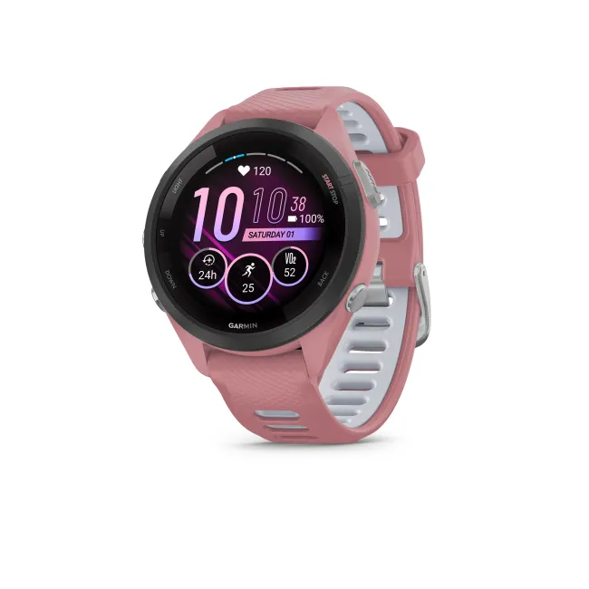 Garmin - Forerunner 265s ceas multisport cu GPS AMOLED - Ramă neagră cu carcasă roz deschis şi curea din silicon roz deschis/gri pudră