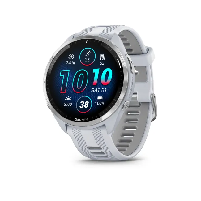 Garmin - Forerunner 965 ceas multisport cu GPS AMOLED - Ramă din titan cu carcasă Whitestone şi curea din silicon Whitestone/gri pudră