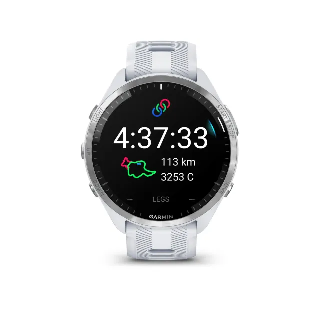 Garmin - Forerunner 965 ceas multisport cu GPS AMOLED - Ramă din titan cu carcasă Whitestone şi curea din silicon Whitestone/gri pudră