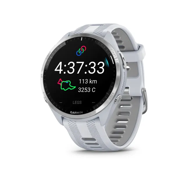 Garmin - Forerunner 965 ceas multisport cu GPS AMOLED - Ramă din titan cu carcasă Whitestone şi curea din silicon Whitestone/gri pudră