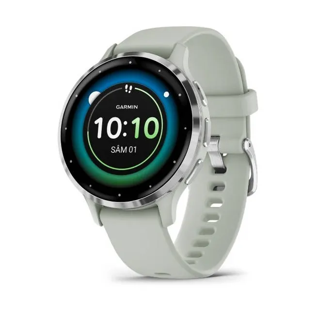 Garmin - Venu 3s smartwatch cu GPS și AMOLED - ramă argintie din oţel inoxidabil şi carcasă sage grey şi brăţară din silicon