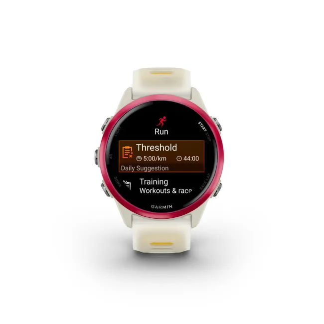 Garmin Forerunner 570 - 42 mm - ceas multisport cu GPS si AMOLED - alb mango roz Raspberry Aluminium with Translucent Bone | Mango Band