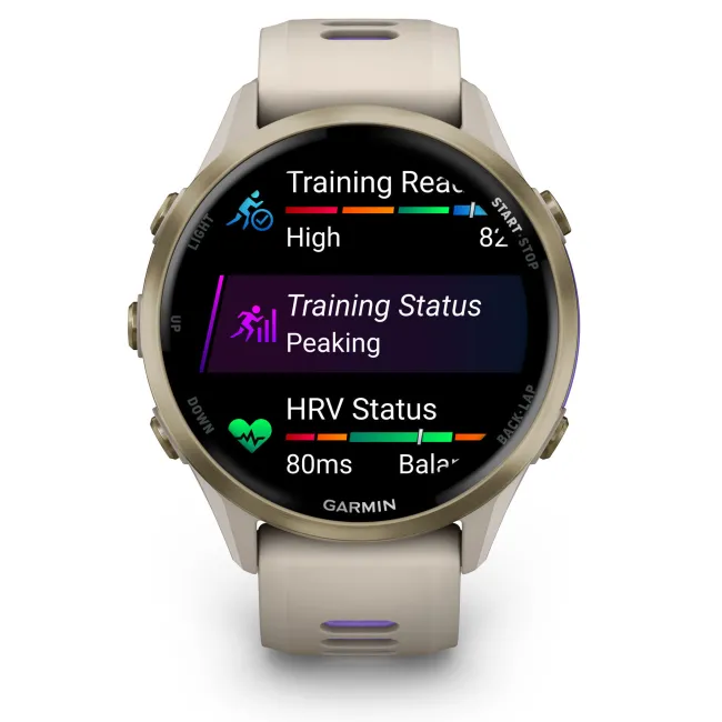 Garmin Forerunner 970 - ceas multisport cu GPS si AMOLED - crem Soft Gold Titanium with French Gray Case and French Gray | Translucent Indigo Band