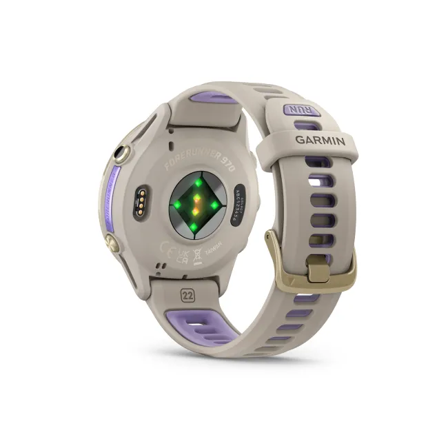 Garmin Forerunner 970 - ceas multisport cu GPS si AMOLED - crem Soft Gold Titanium with French Gray Case and French Gray | Translucent Indigo Band