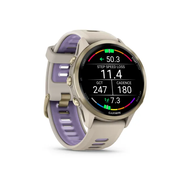 Garmin Forerunner 970 - ceas multisport cu GPS si AMOLED - crem Soft Gold Titanium with French Gray Case and French Gray | Translucent Indigo Band