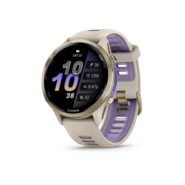 Garmin Forerunner 970 - ceas multisport cu GPS si AMOLED - crem Soft Gold Titanium with French Gray Case and French Gray | Translucent Indigo Band