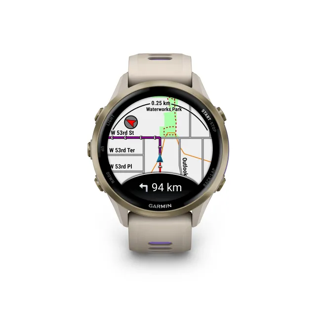 Garmin Forerunner 970 - ceas multisport cu GPS si AMOLED - crem Soft Gold Titanium with French Gray Case and French Gray | Translucent Indigo Band