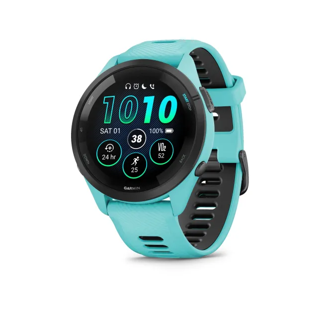 Garmin - Forerunner 265 ceas multisport cu GPS AMOLED - Ramă neagră cu carcasă Aqua şi curea din silicon Aqua/neagră