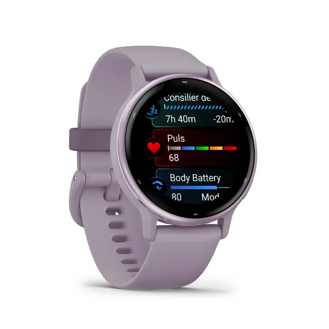 Garmin - Vivoactive 5 smartwatch cu GPS și AMOLED - ramă mov orchid din aluminiu - carcasă mov şi bratara din silicon