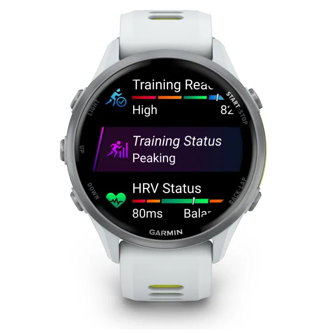 Garmin Forerunner 970 - ceas multisport cu GPS si AMOLED - alb Titanium with Whitestone Case and Whitestone | Translucent Amp Yellow Band