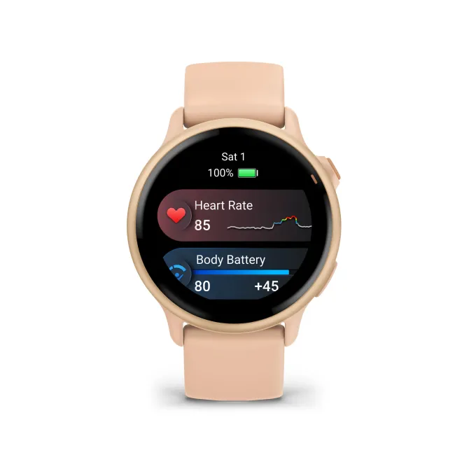 Garmin - vivoactive 6 smartwatch cu GPS și AMOLED - ramă și carcasă roz Metallic Pink Dawn - bratara din silicon roz Pink Dawn