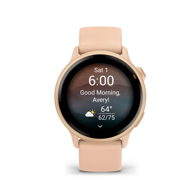 Garmin - vivoactive 6 smartwatch cu GPS și AMOLED - ramă și carcasă roz Metallic Pink Dawn - bratara din silicon roz Pink Dawn