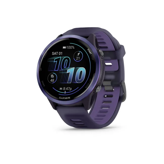 Garmin Forerunner 570 - 47mm - ceas multisport cu GPS si AMOLED - negru Indigo Aluminium with Translucent Imperial Purple | Indigo Band
