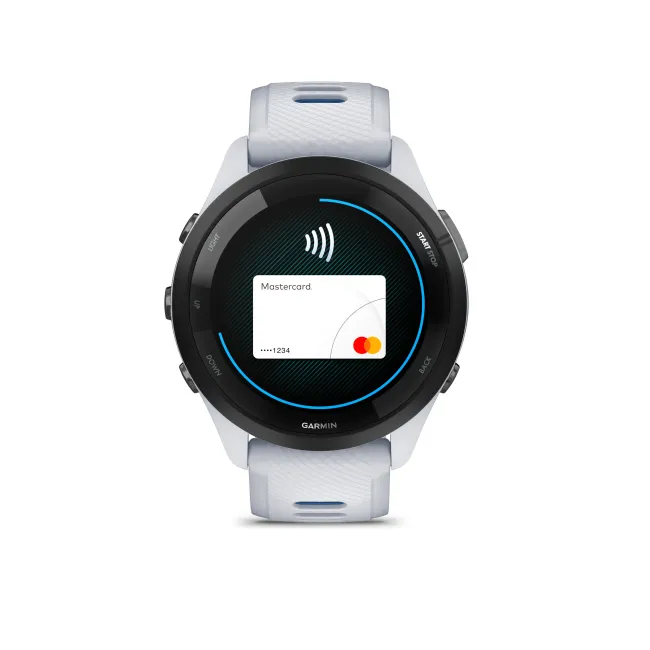 Garmin - Forerunner 265 ceas multisport cu GPS AMOLED - Ramă neagră cu carcasă Whitestone şi curea din silicon Whitestone/Tidal Blue