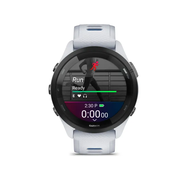 Garmin - Forerunner 265 ceas multisport cu GPS AMOLED - Ramă neagră cu carcasă Whitestone şi curea din silicon Whitestone/Tidal Blue