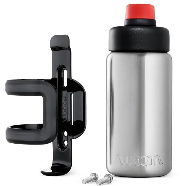 Woom - set suport bidon bicicleta copii si bidon metalic Glug - gri argintiu negru