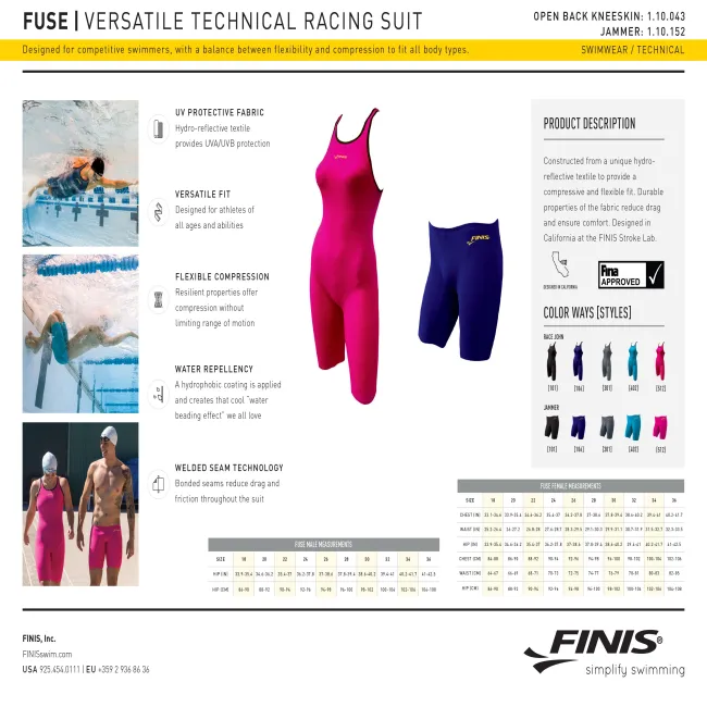 Finis - Costum inot tehnic pentru fete sau femei - Fuse Open Back Kneeskin - negru