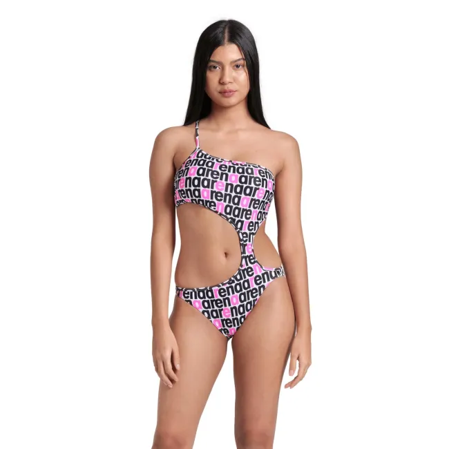 Arena - costum inot femei intreg - Logotype Swimsuit Single Shoulder - White Multi-Black