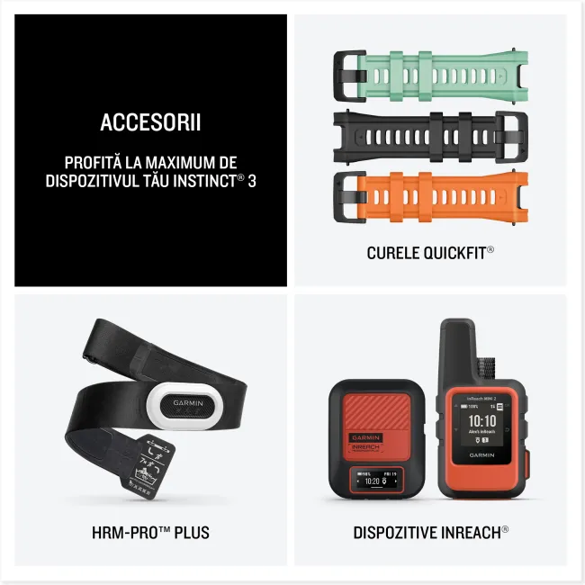 Garmin INSTINCT 3 - 50 mm AMOLED - Whitestone cu curea neagră / albastru intens - smartwatch robust cu GPS