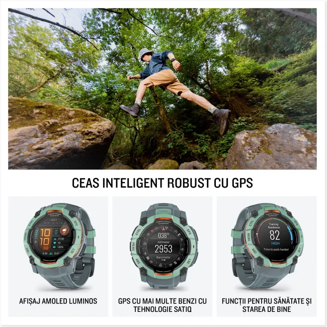 Garmin INSTINCT 3 - 50 mm AMOLED - Whitestone cu curea neagră / albastru intens - smartwatch robust cu GPS