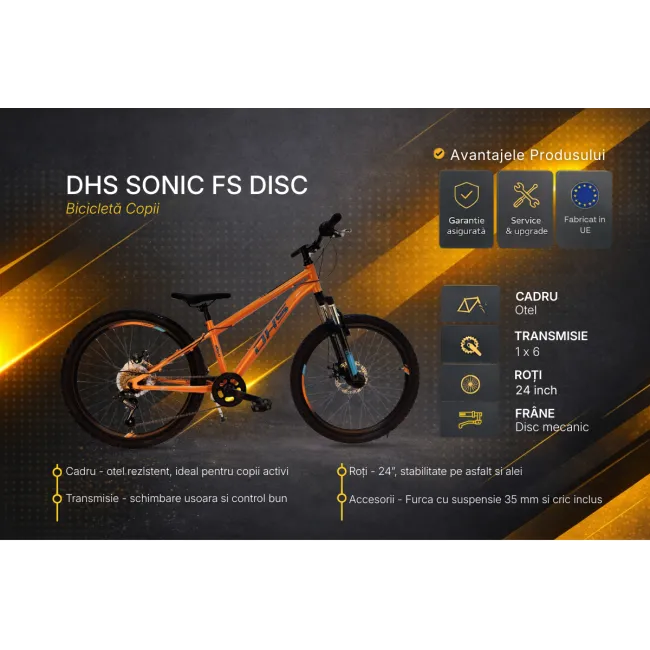 Bicicleta Copii DHS Sonic FS Disc - 24 inch, Portocaliu