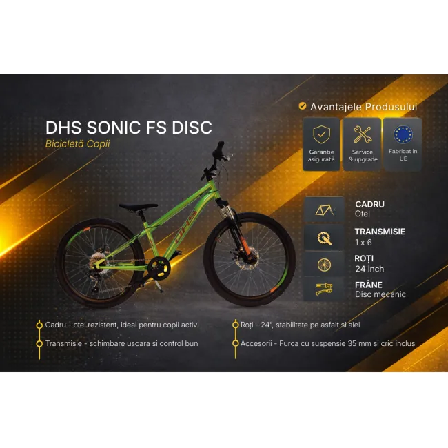 Bicicleta Copii DHS Sonic FS Disc - 24 inch, Verde