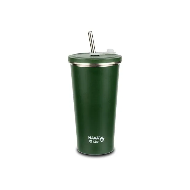 Cana termica cu pai din otel inoxidabil, Nava We care, 520 ml, verde