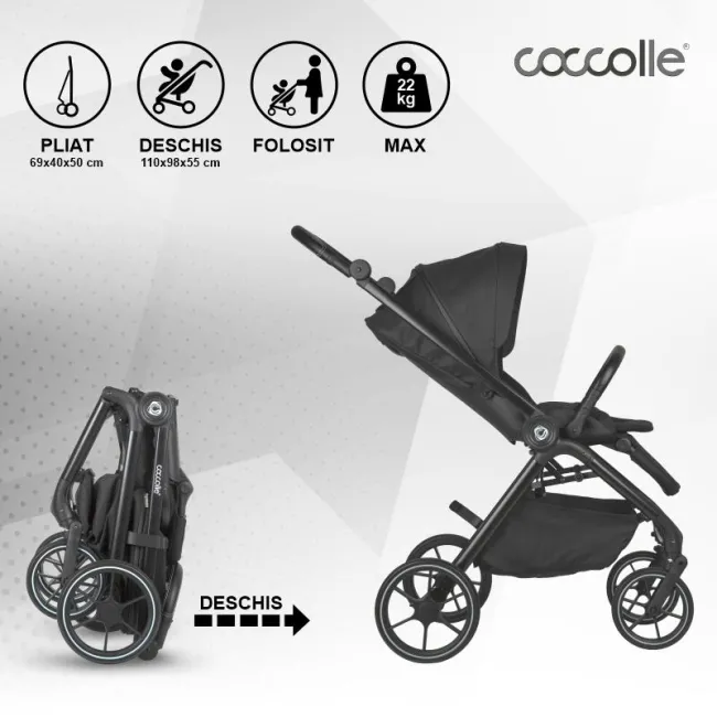 Carucior modular 4in1 Coccolle Serry Jet black cu Scoica auto iSize Coccolle Knox Black si Baza isofix iSize Coccolle Knox