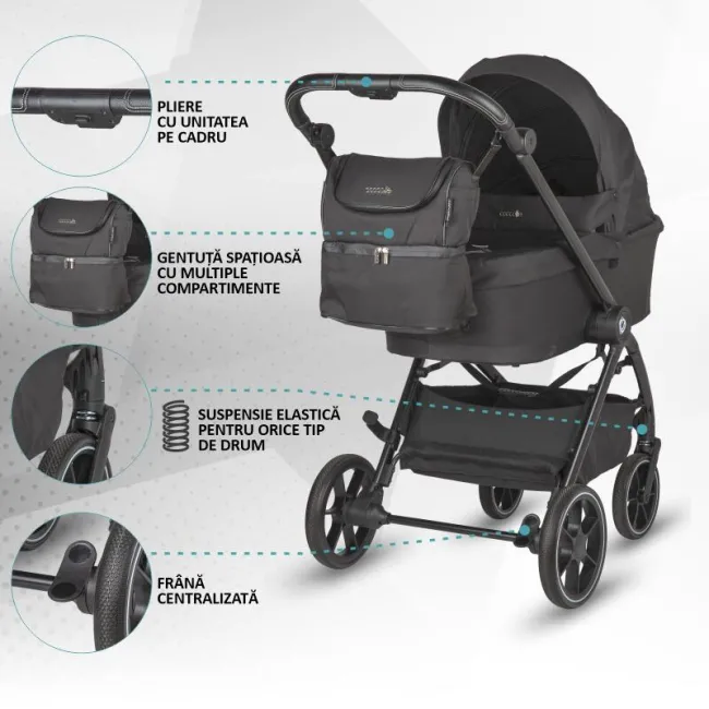 Carucior modular 4in1 Coccolle Serry Jet black cu Scoica auto iSize Coccolle Knox Black si Baza isofix iSize Coccolle Knox