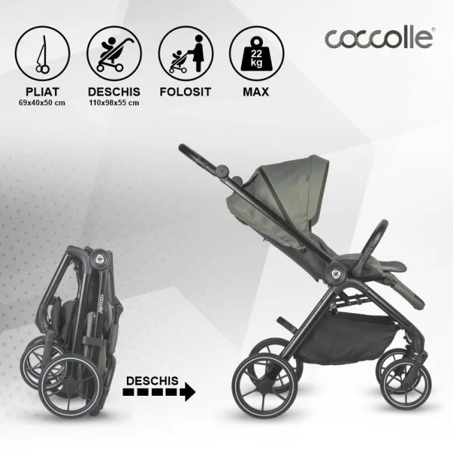 Carucior modular 4in1 Coccolle Serry Moss green cu Scoica auto iSize Coccolle Knox Black si Baza isofix iSize Coccolle Knox