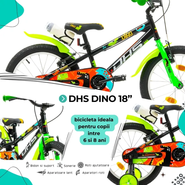 Bicicleta Copii DHS Dino - 18 Inch, Negru Reambalat