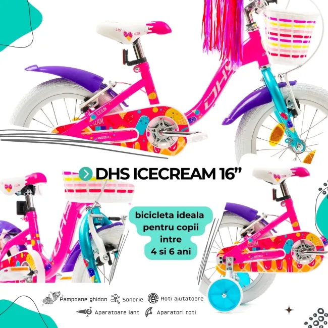 Bicicleta Copii DHS Icecream - 16 Inch, Roz Reambalat
