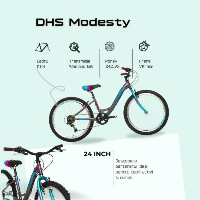 Bicicleta Copii DHS Modesty - 24 Inch, Gri Reambalat