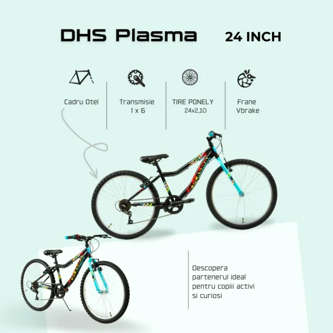 Bicicleta Copii DHS Plasma - 24 Inch, Negru-Roz Reambalat