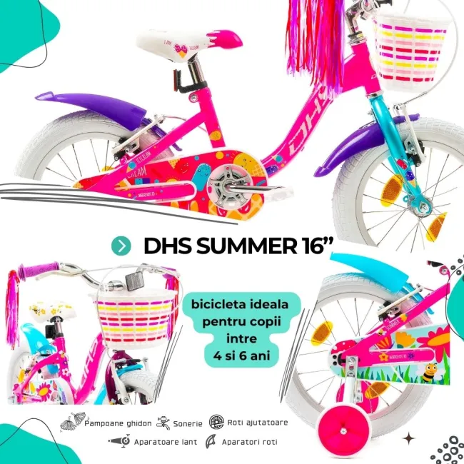 Bicicleta Copii DHS Summer - 16 Inch, Roz Reambalat
