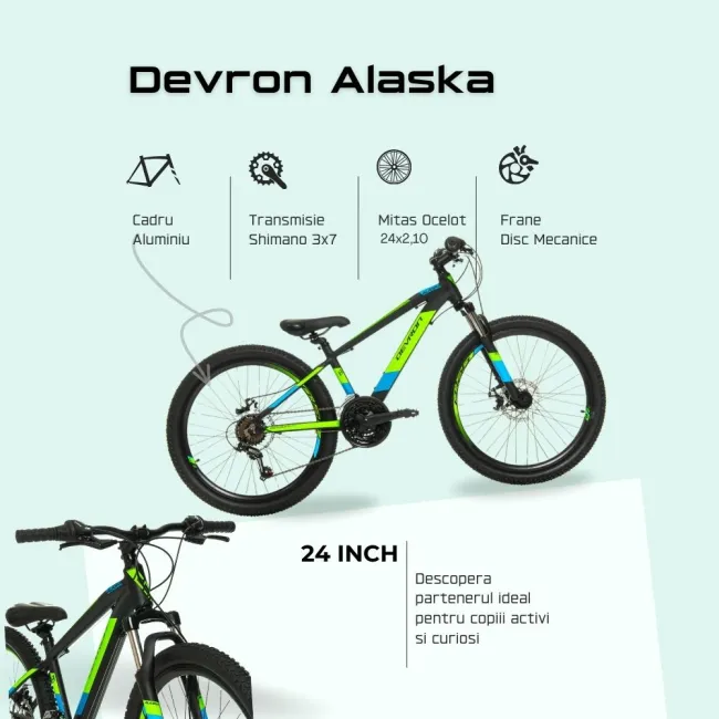 Bicicleta Copii Devron Alaska - 24 Inch, Negru-Verde Reambalat