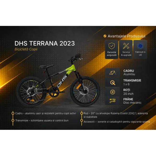 Bicicleta Copii Dhs Terrana 2023B, model 2026 - 20 Inch, Negru-Verde