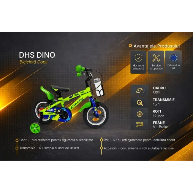 Bicicleta Copii DHS Dino - 12 Inch, Verde, Reambalat