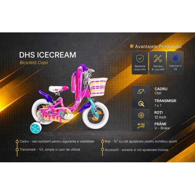 Bicicleta Copii DHS Icecream - 12 Inch, Roz, Reambalat