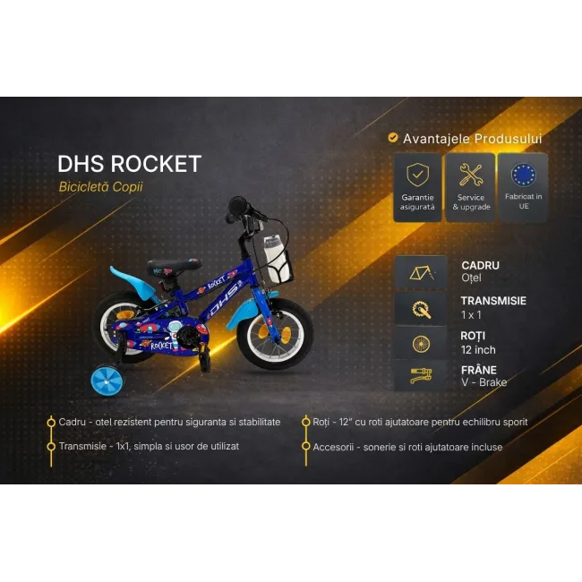 Bicicleta Copii DHS Rocket - 12 Inch, Albastru inchis, Reambalat