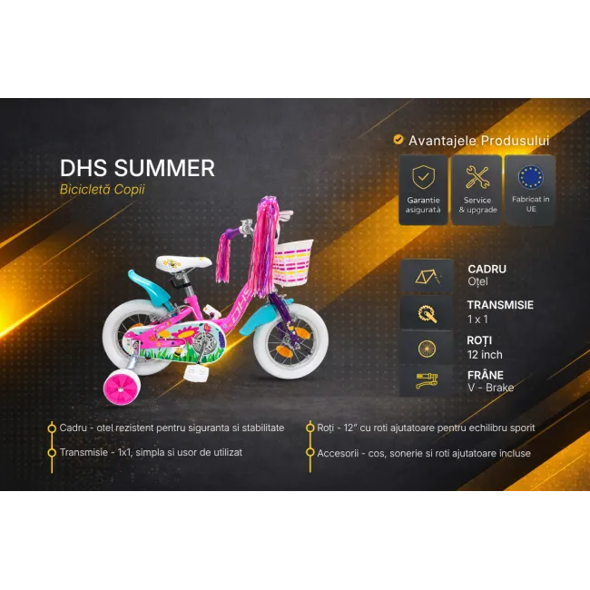 Bicicleta Copii DHS Summer - 12 Inch, Roz/Albastru, Reambalat
