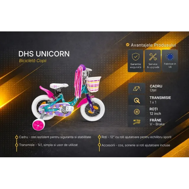 Bicicleta Copii DHS Unicorn - 12 Inch, Albastru/Roz, Reambalat