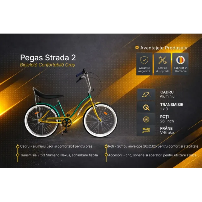 Bicicleta Oras Pegas Strada 2 - 26 inch, M, Auriu/Verde