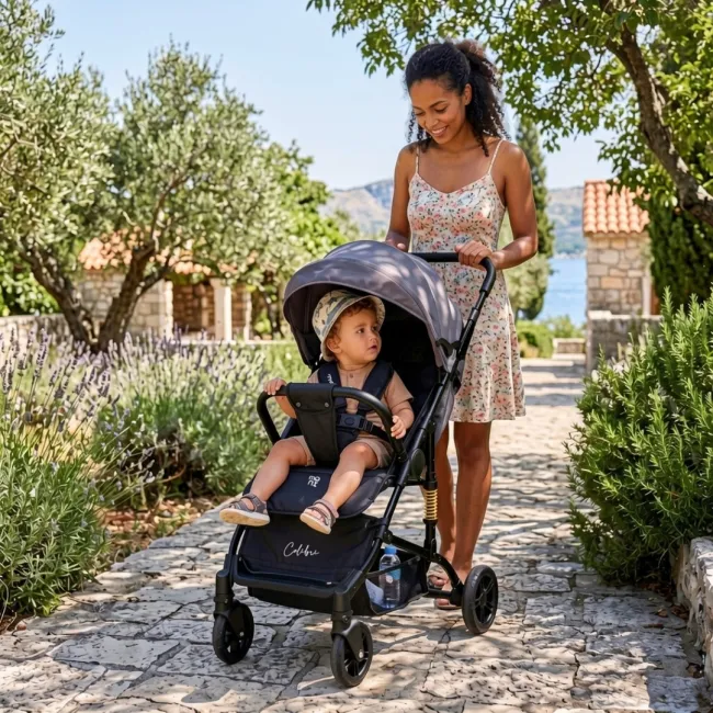 Carucior sport de vara pentru copii Moni Colibri, pliabil compact, 6 luni+, pana la 15 kg, Roz/Negru