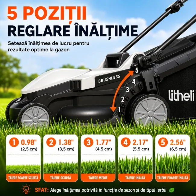Masina de tuns gazonul Litheli U20LM00, 20V, acumulator 4Ah inclus, latime taiere 330 mm